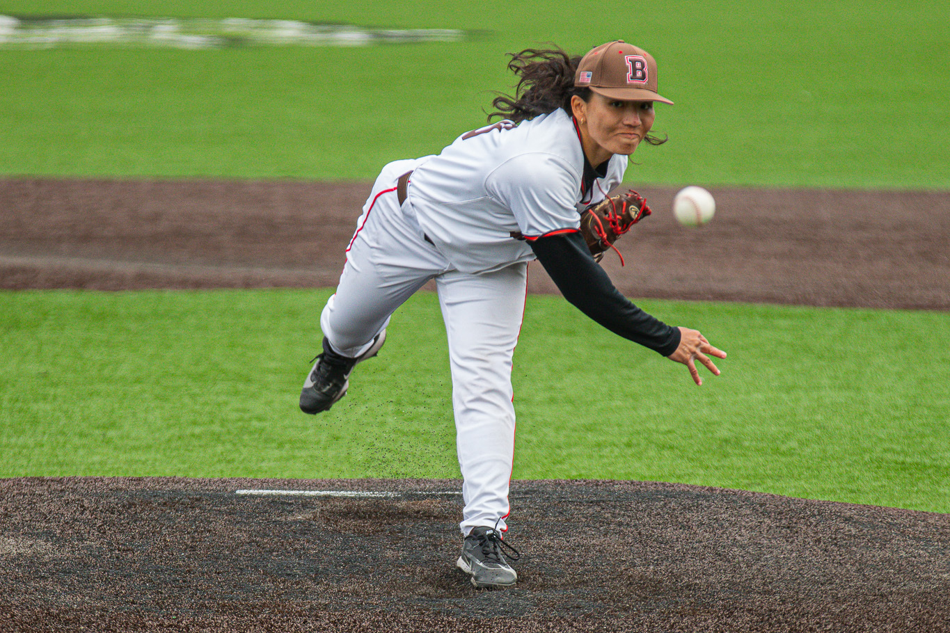 Brown University Olivia Pichardo pitches during the ninth inning of a game against Cornell on Saturday, April 25, 2026. Saturday, April 25, 2026, in Providence, R.I. 