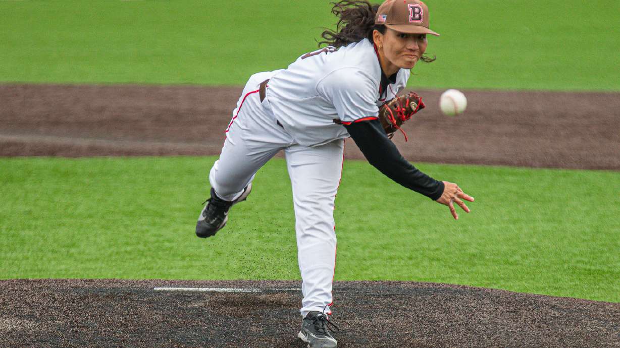 Brown University Olivia Pichardo pitches during the ninth inning of a game against Cornell on Saturday, April 25, 2026. Saturday, April 25, 2026, in Providence, R.I.