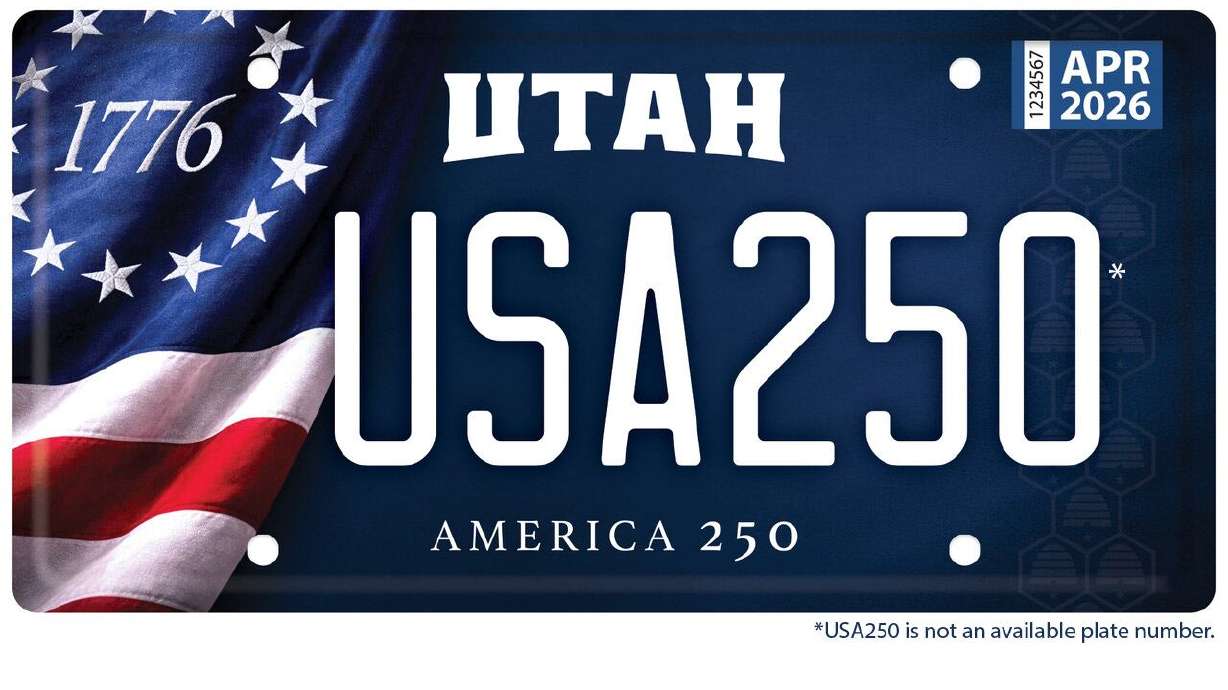 The Utah Design Review Board has released this image of the new "America 250" standard issue license plate in Utah, to commemorate the 250th anniversary of the United States. The design will be available starting June 1 until July 31, 2027.