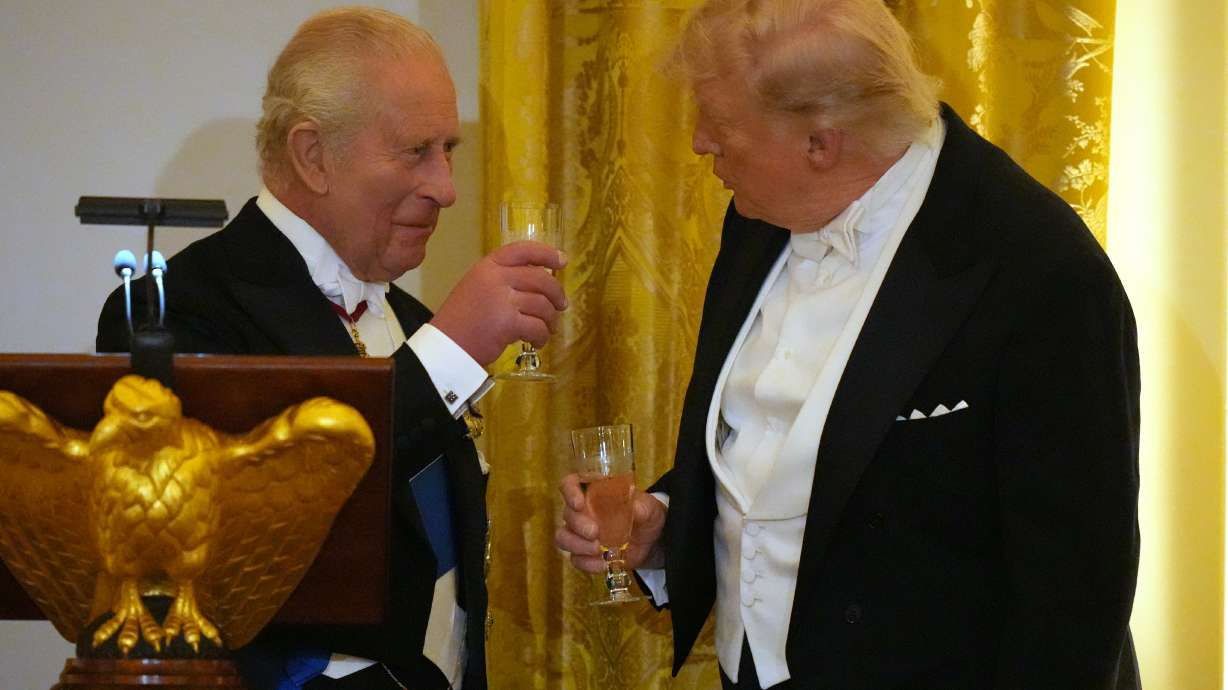 Britain's King Charles III toasts with President Donald Trump during a state dinner with first lady Melania Trump and Queen Camilla in the East Room of the White House on Tuesday. Charles highlighted the alliance between the U.S. and the UK.