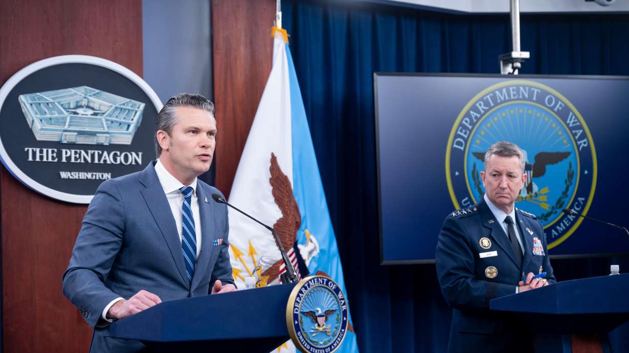 Defense Secretary Pete Hegseth and Chairman of the Joint Chiefs of Staff Gen. Dan Caine speaks to members of the media during a press briefing at the Pentagon, April 16 in Washington. Hegseth is expected to go before Congress Wednesday for the first time since the start of the war in Iran.