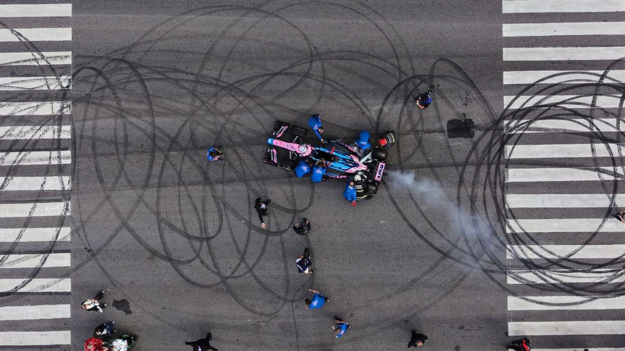 Argentine Alpine Formula 1 driver Franco Colapinto drives during a demonstration run in Buenos Aires, Argentina, Sunday, April 26, 2026.