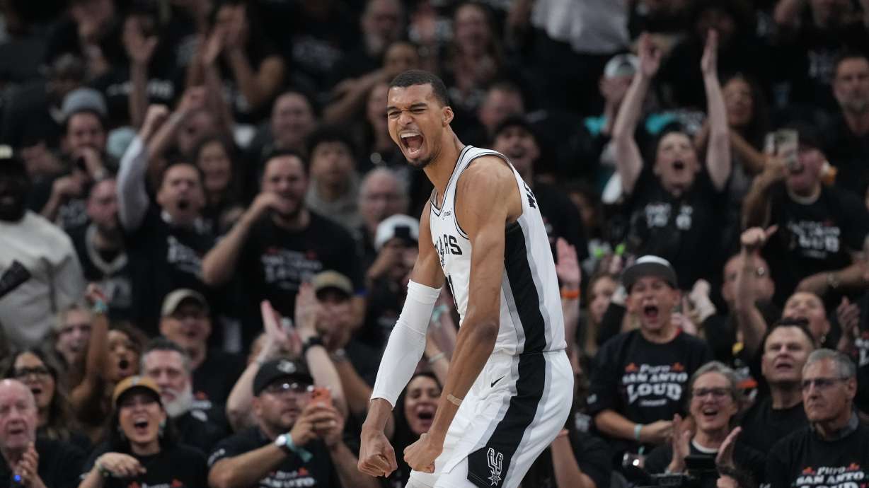 San Antonio Spurs forward/center Victor Wembanyama reacts after a play during the first half in Game 5 of a first-round NBA playoffs basketball series against the Portland Trail Blazers, in San Antonio, Tuesday, April 28, 2026.