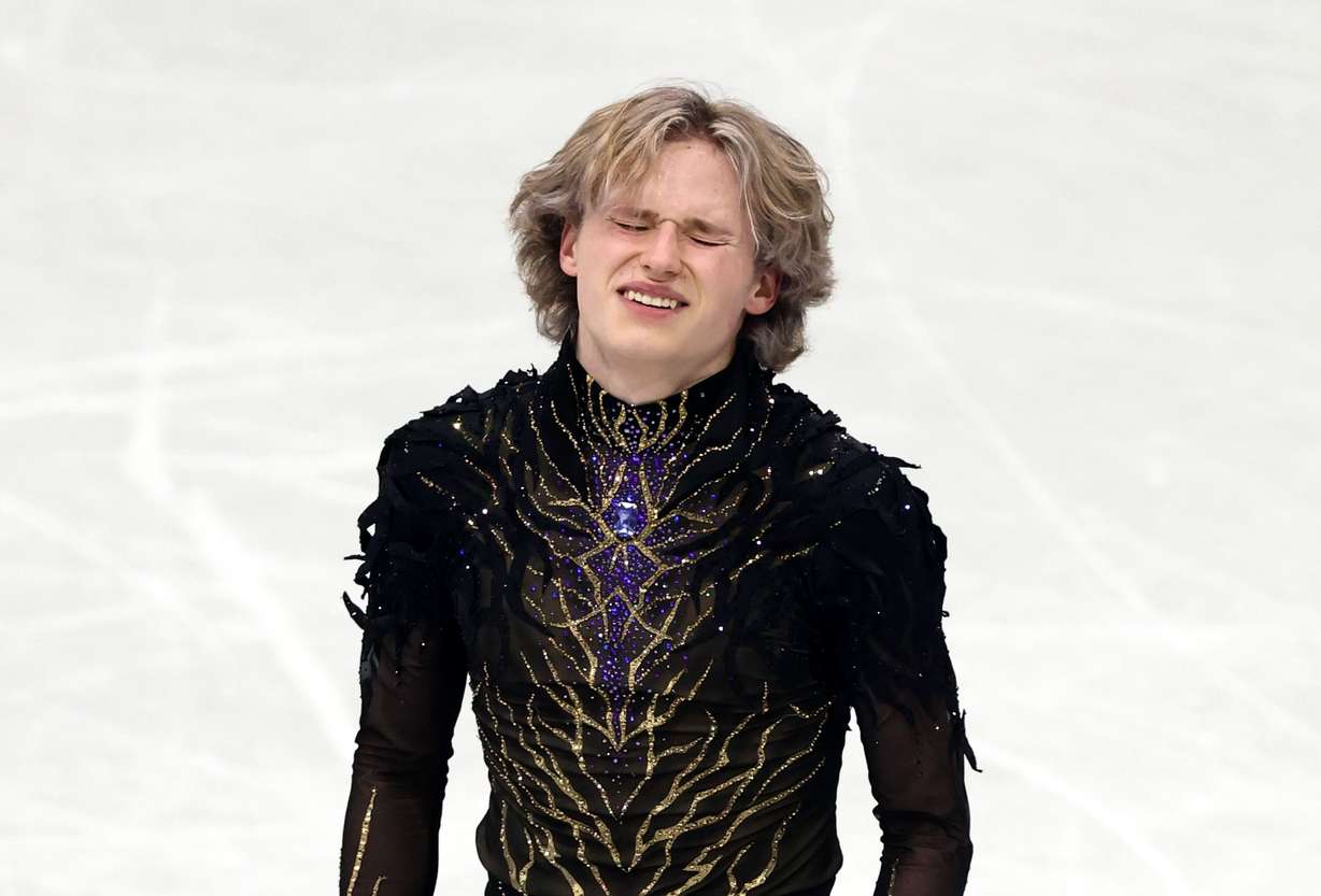 U.S. figure skater Ilia Malinin reacts after his individual free skate at the Winter Olympics in Milan, Italy, earlier this year.