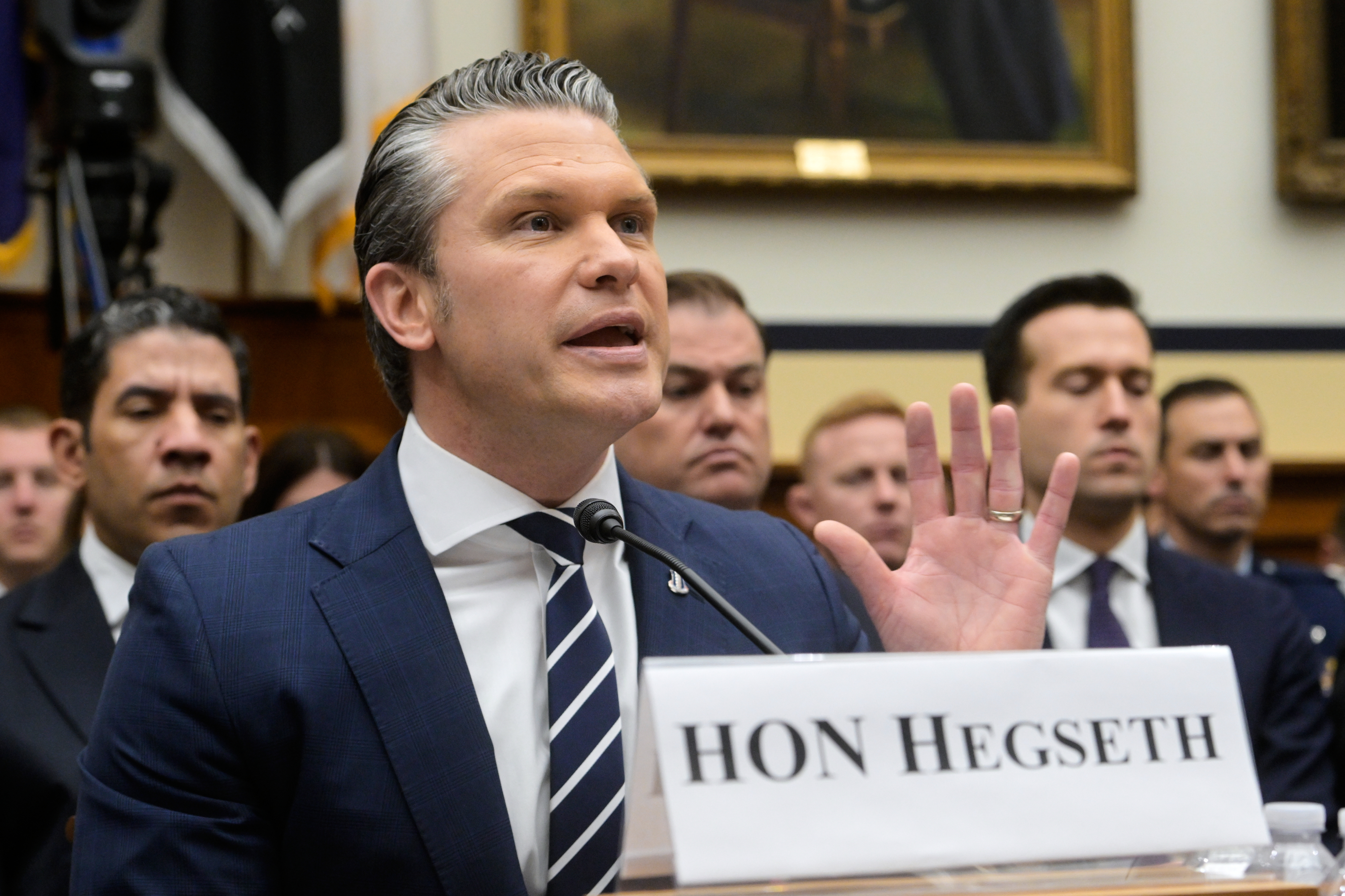 Secretary of Defense Pete Hegseth appears before a House Committee on Armed Services business meeting on the Department of Defense Fiscal Year 2027 on Capitol Hill, Wednesday, in Washington. Hegseth faced questions over the Iran war for the first time since the conflict began.