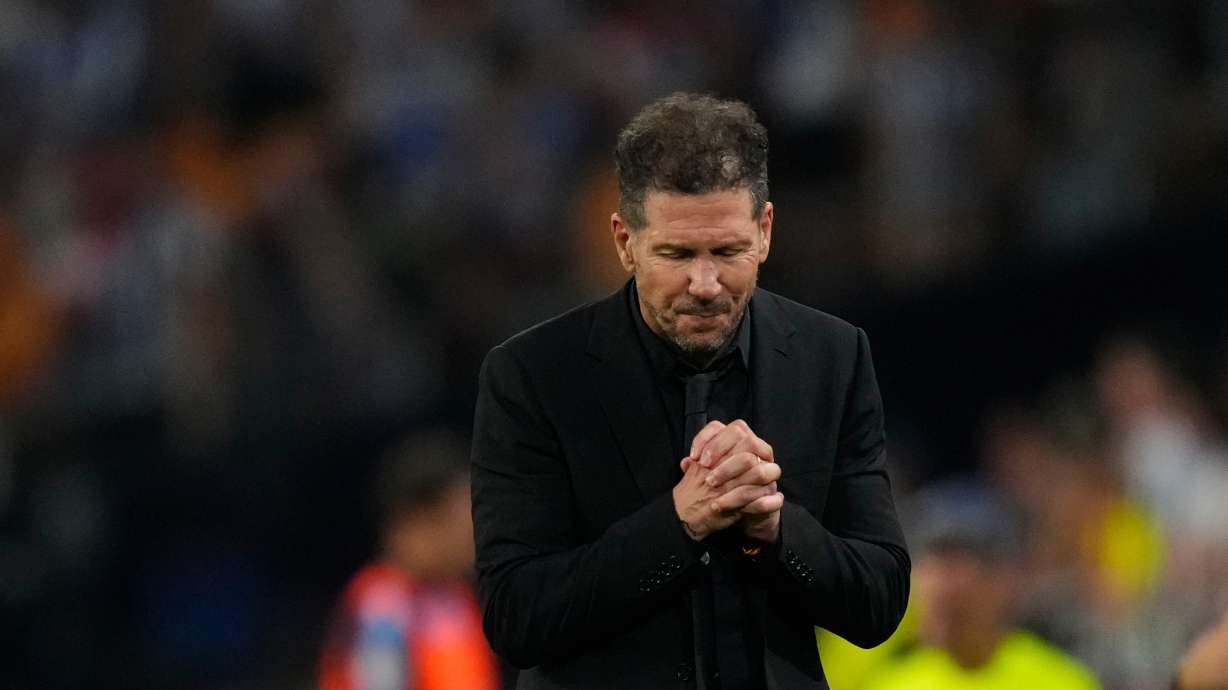 Atletico Madrid's head coach Diego Simeone reacts during the Copa del Rey final soccer match between Atletico Madrid and Real Sociedad in Seville, Spain, Saturday, April. 18, 2026.