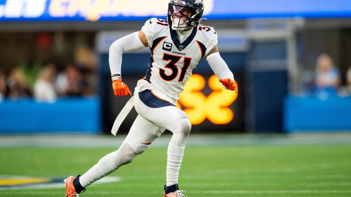 FILE - Denver Broncos safety Justin Simmons (31) runs during an NFL football game against the Los Angeles Chargers, Sunday, Dec. 10, 2023, in Inglewood, Calif.