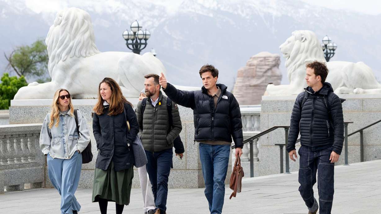 Rosie Gochnour, Sarah Weidner Astheimer, Justin Jackson, Ryan Beck and Alex Burton discuss the future of the Pioneer Trail in Salt Lake City on April 22. The Pioneer Trail is a proposed 1-mile walking loop that would connect historic sites.