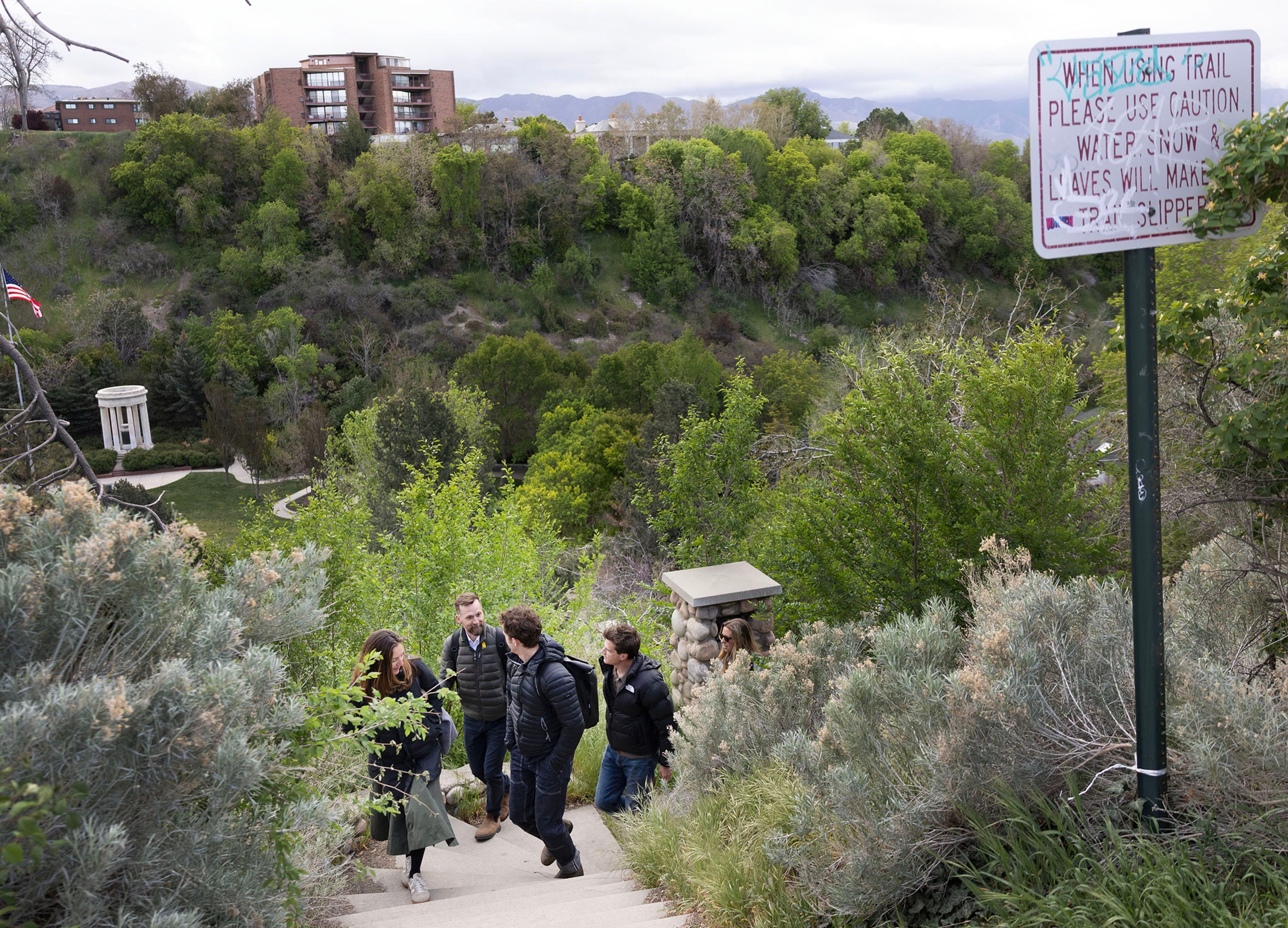 Members of the Pioneer Trail Foundation and architects with Field Operations walk the proposed Pioneer Trail in Salt Lake City on April 22. The Pioneer Trail is a proposed 1-mile walking loop that would connect historic sites in Utah's capital city, along with public art, monuments and trail markers.