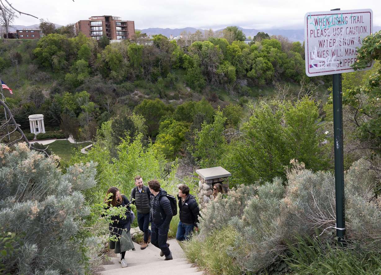 Members of the Pioneer Trail Foundation and architects with Field Operations walk the proposed Pioneer Trail in Salt Lake City on April 22. The Pioneer Trail is a proposed 1-mile walking loop that would connect historic sites in Utah's capital city, along with public art, monuments and trail markers.
