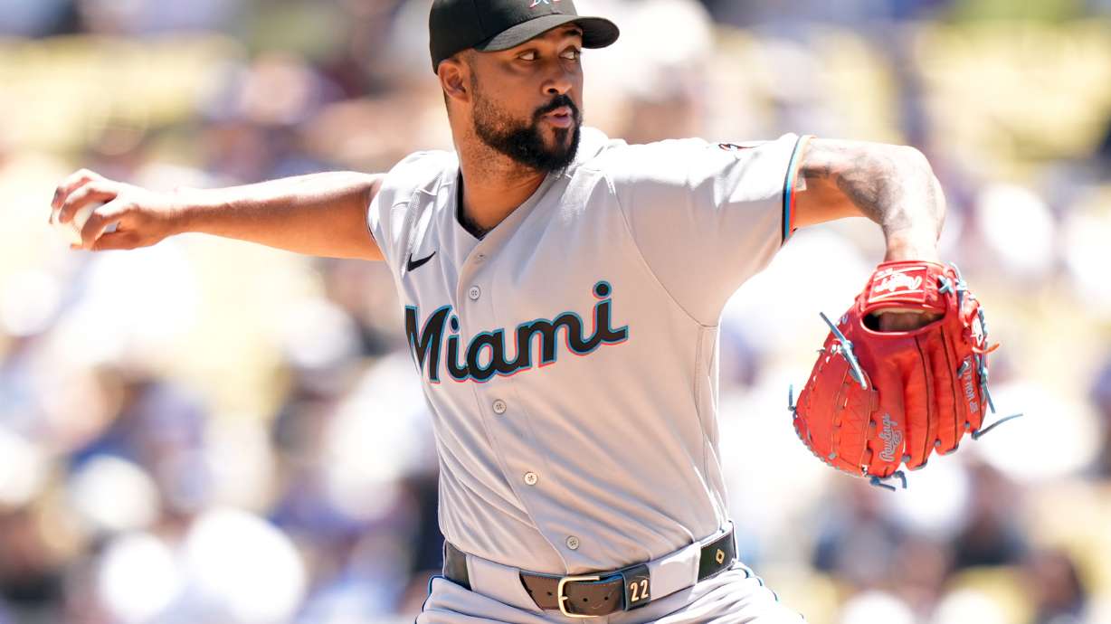 Miami Marlins' Sandy Alcantara (22) pitches against the Los Angeles Dodgers in the second inning of a baseball game Wednesday, April 29, 2026, in Los Angeles.