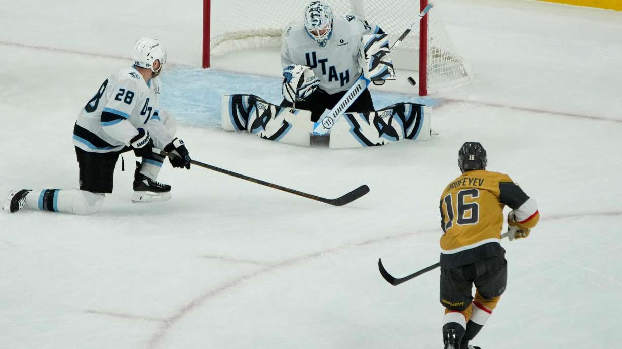 Vegas Golden Knights right wing Pavel Dorofeyev (16) scores against Utah Mammoth goaltender Karel Vejmelka (70) during the first period of Game 5 of a first-round NHL hockey Stanley Cup playoff series Wednesday, April 29, 2026, in Las Vegas.