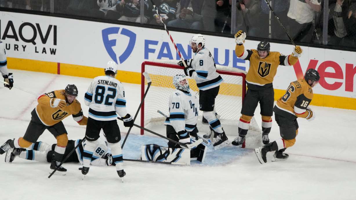 Vegas Golden Knights right wing Pavel Dorofeyev (16) celebrates after scoring against Utah Mammoth goaltender Karel Vejmelka (70) during the third period of Game 5 of a first-round NHL hockey Stanley Cup playoff series Wednesday, April 29, 2026, in Las Vegas.