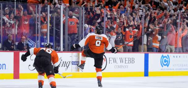 Cam do! Flyers are sky high after York scores OT winner, launches stick into stands and beat Pens