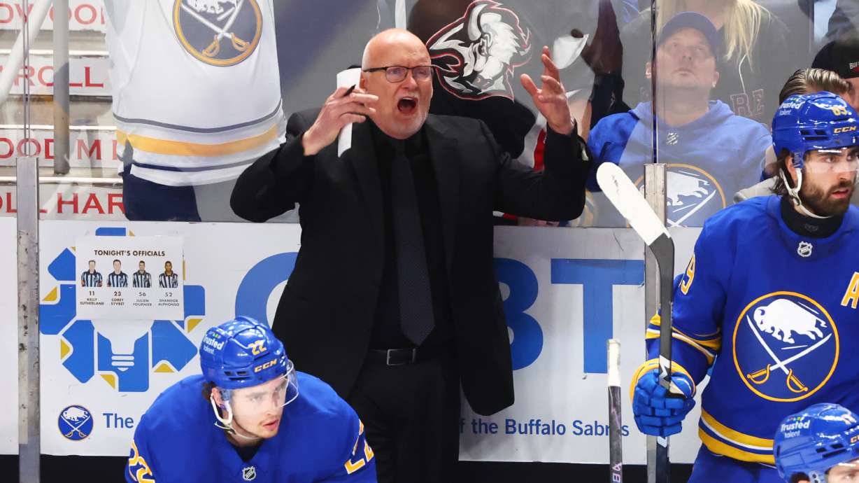 Buffalo Sabres head coach Lindy Ruff reacts during the third period in Game 5 of a first-round NHL hockey Stanley Cup playoff series against the Boston Bruins Tuesday, April 28, 2026, in Buffalo, N.Y.
