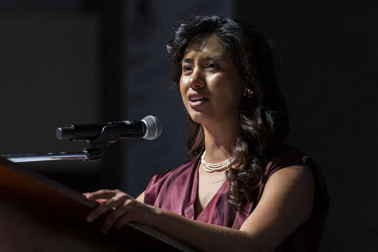 Salt Lake City Council member Eva Lopez Chavez, a candidate for Utah's 1st Congressional District, speaks during the Utah Democratic Party State Convention held at Jordan High School in Sandy on April 25. Her City Council seat was vacated on Tuesday.