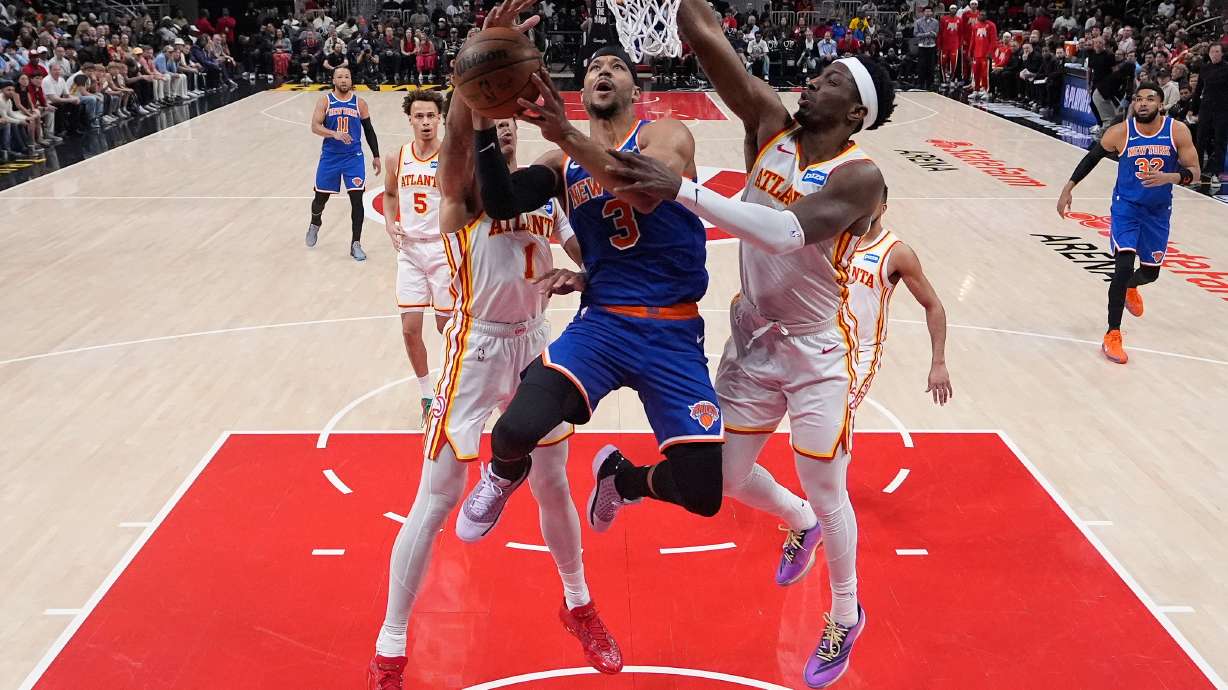 New York Knicks guard Josh Hart (3) shoots during Game 6 in a first-round NBA basketball playoffs series Thursday, April 30, 2026, in Atlanta.