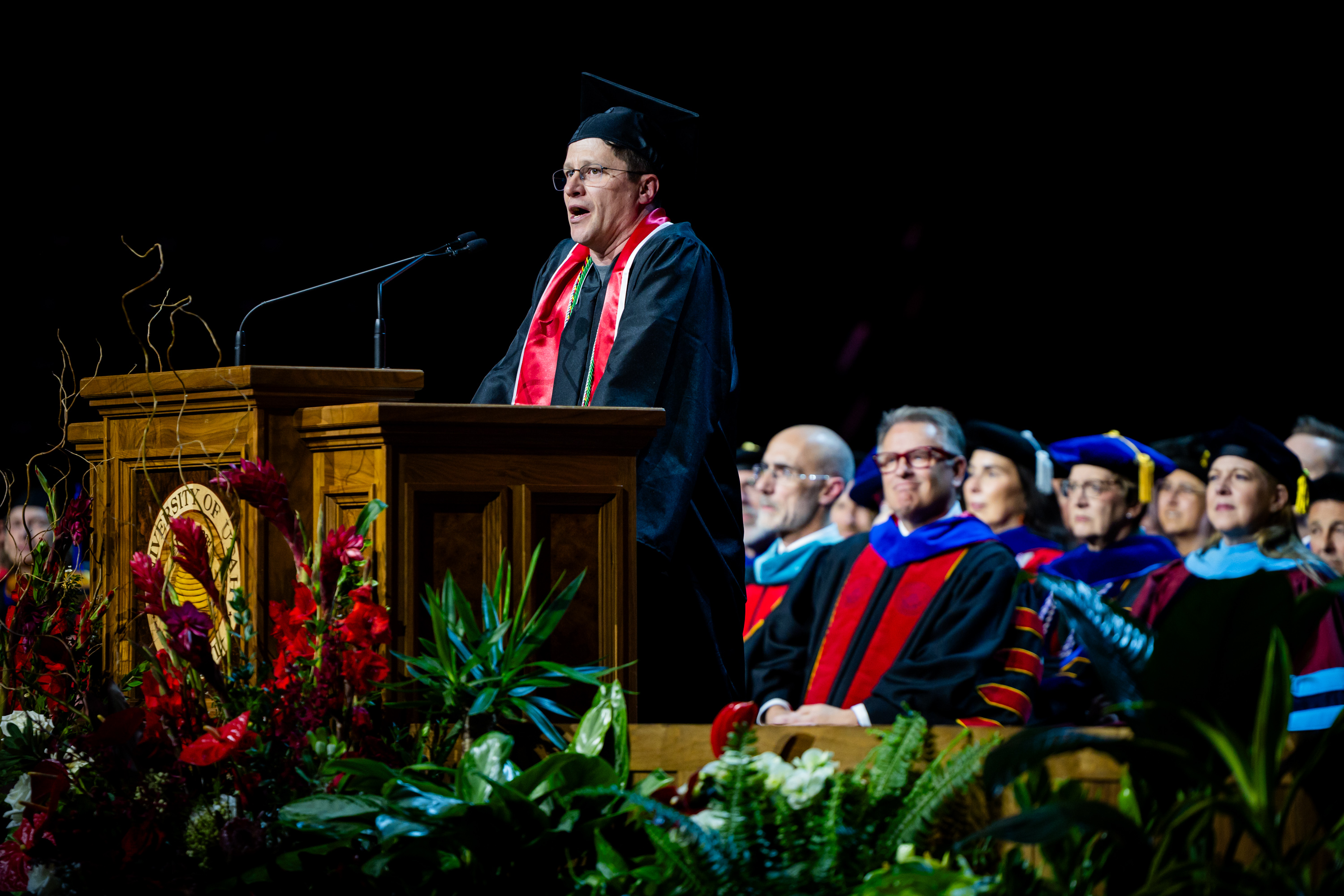 Gerald Parrott delivers his commencement address during the University of Utah's commencement ceremony at the Jon M. Huntsman Center in Salt Lake City on Thursday. Parrott stole the show with his inspiring story during his speech.