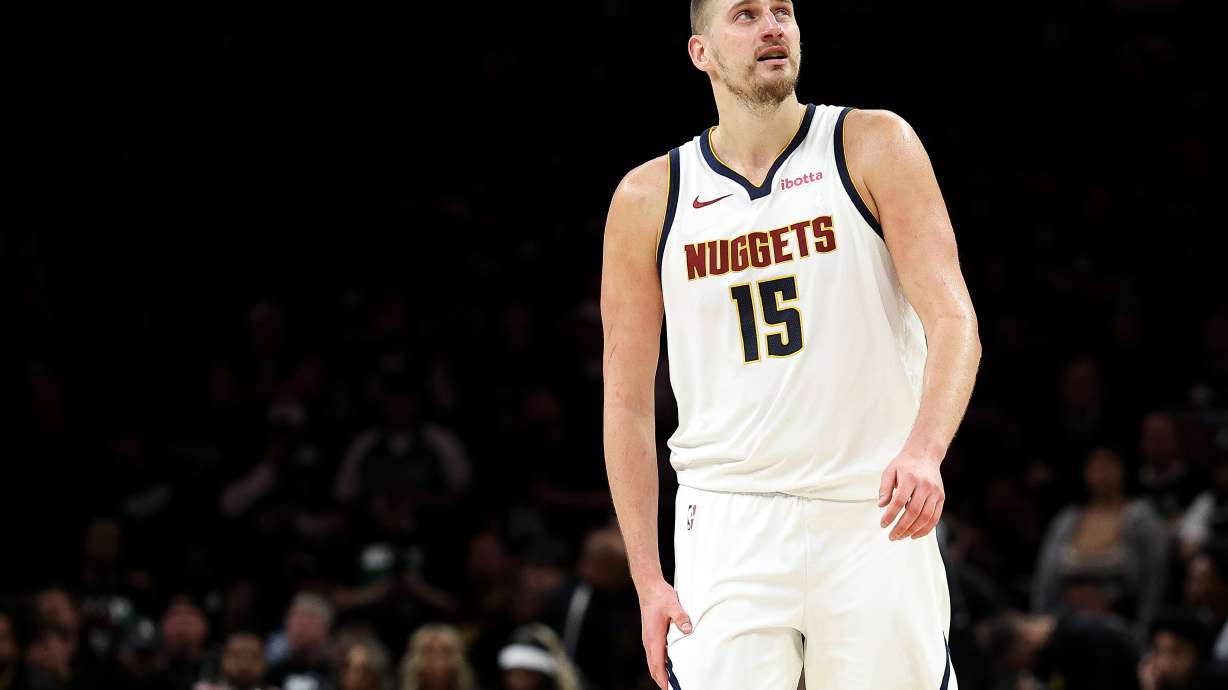 Denver Nuggets center Nikola Jokic (15) looks on during the second half of Game 6 of a first-round NBA basketball playoffs series against the Minnesota Timberwolves, Thursday, April 30, 2026, in Minneapolis.