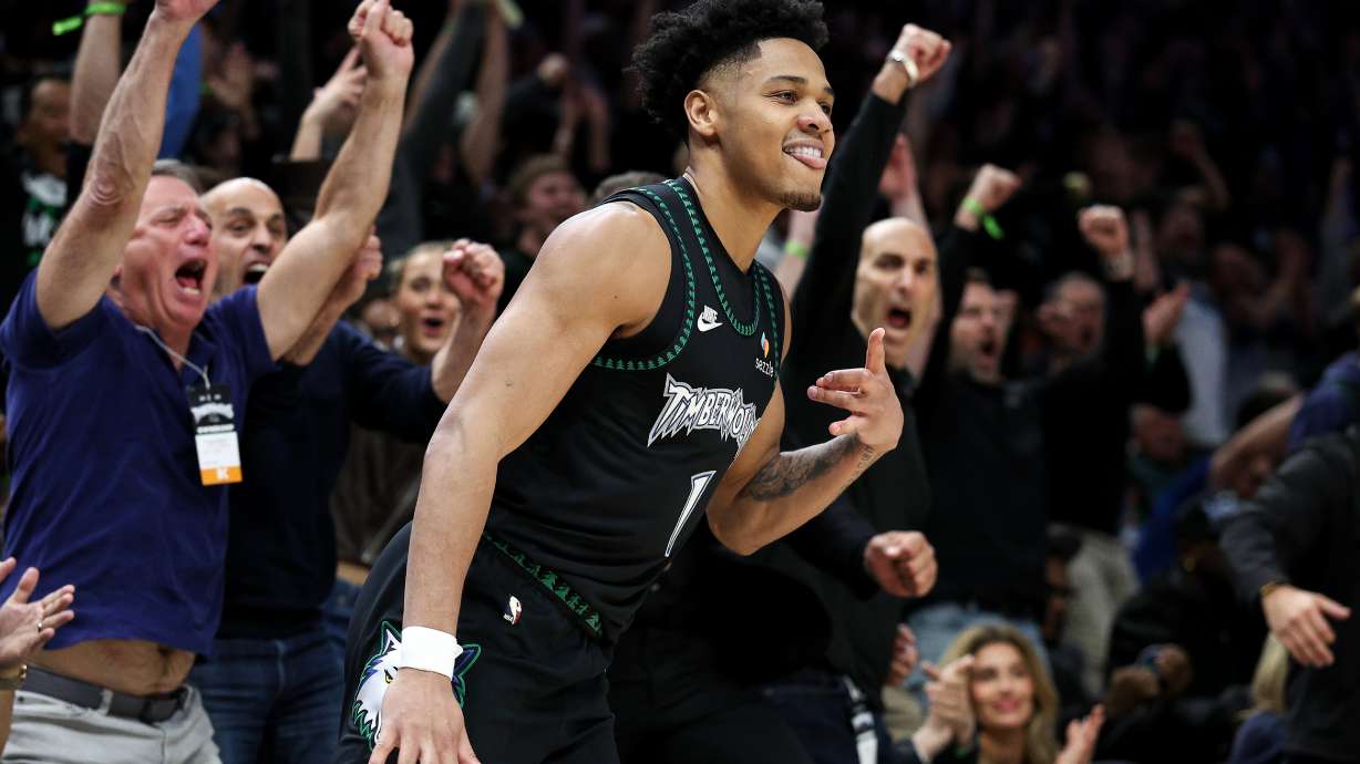 Minnesota Timberwolves guard Terrence Shannon Jr. (1) celebrates his three-point basket against the Denver Nuggets during the second half of Game 6 of a first-round NBA basketball playoffs series, Thursday, April 30, 2026, in Minneapolis.