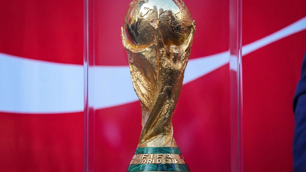 The FIFA World Cup trophy is displayed during the launch of a trophy tour in Vancouver, on Friday, April 10, 2026.