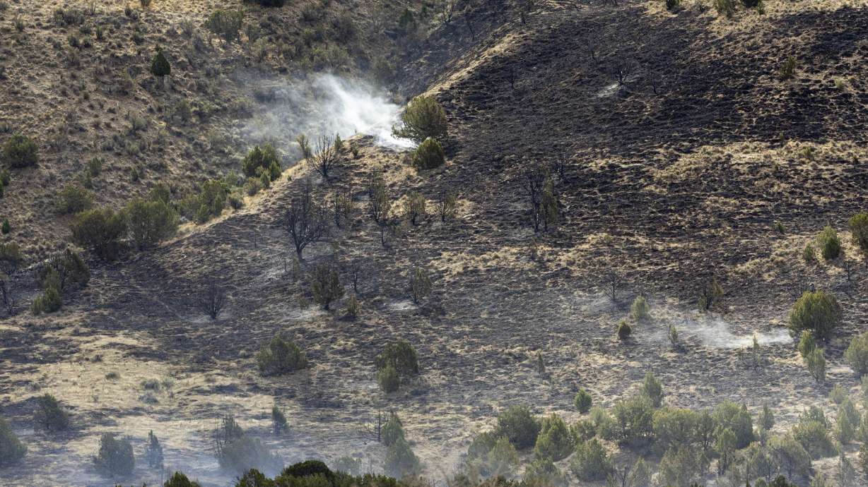 Smoke rises from hotspots on the mountainside, visible from Goshen Canyon Road, as the Goshen Fire burns south of Goshen on April 22. Utah leaders and firefighters say the state's fire season is already here due to a record-low snowpack.