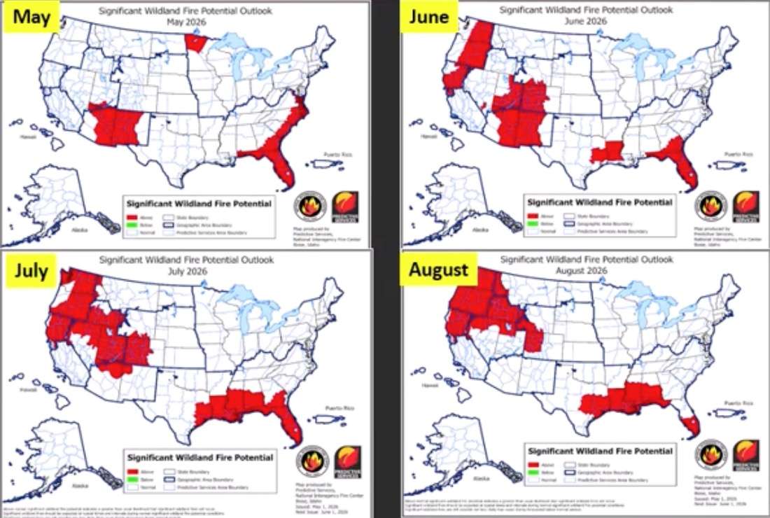 The National Interagency Coordination Center's fire risk outlook for May through August. Above-average potential has already formed in parts of Utah, but it's expected to intensify by June and July, with potential relief for most of the state in August.