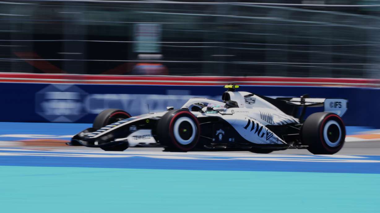Cadillac driver Valtteri Bottas of Finland steers his car during the first practice session ahead of the Miami Formula One Grand Prix, Friday, May 1, 2026, in Miami Gardens, Fla.