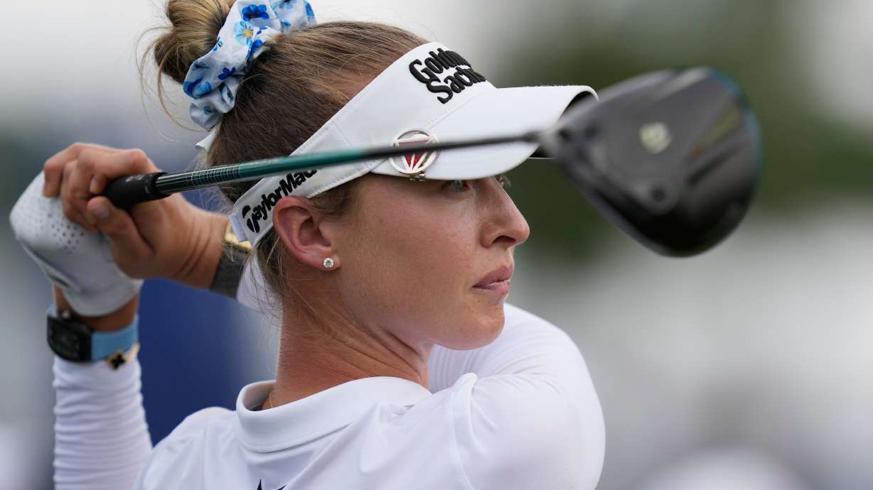 Nelly Korda watches her tee shot on the 12th hole during the third round of the Chevron Championship LPGA golf tournament Saturday, April 25, 2026, in Houston.