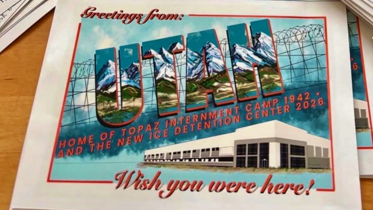 The photo shows tongue-in-cheek postcards created by critics of the proposed immigration detention center in Salt Lake City. Debate on the issue surged in March but has quieted, though foes still show up at twice-weekly demonstrations at the proposed site.