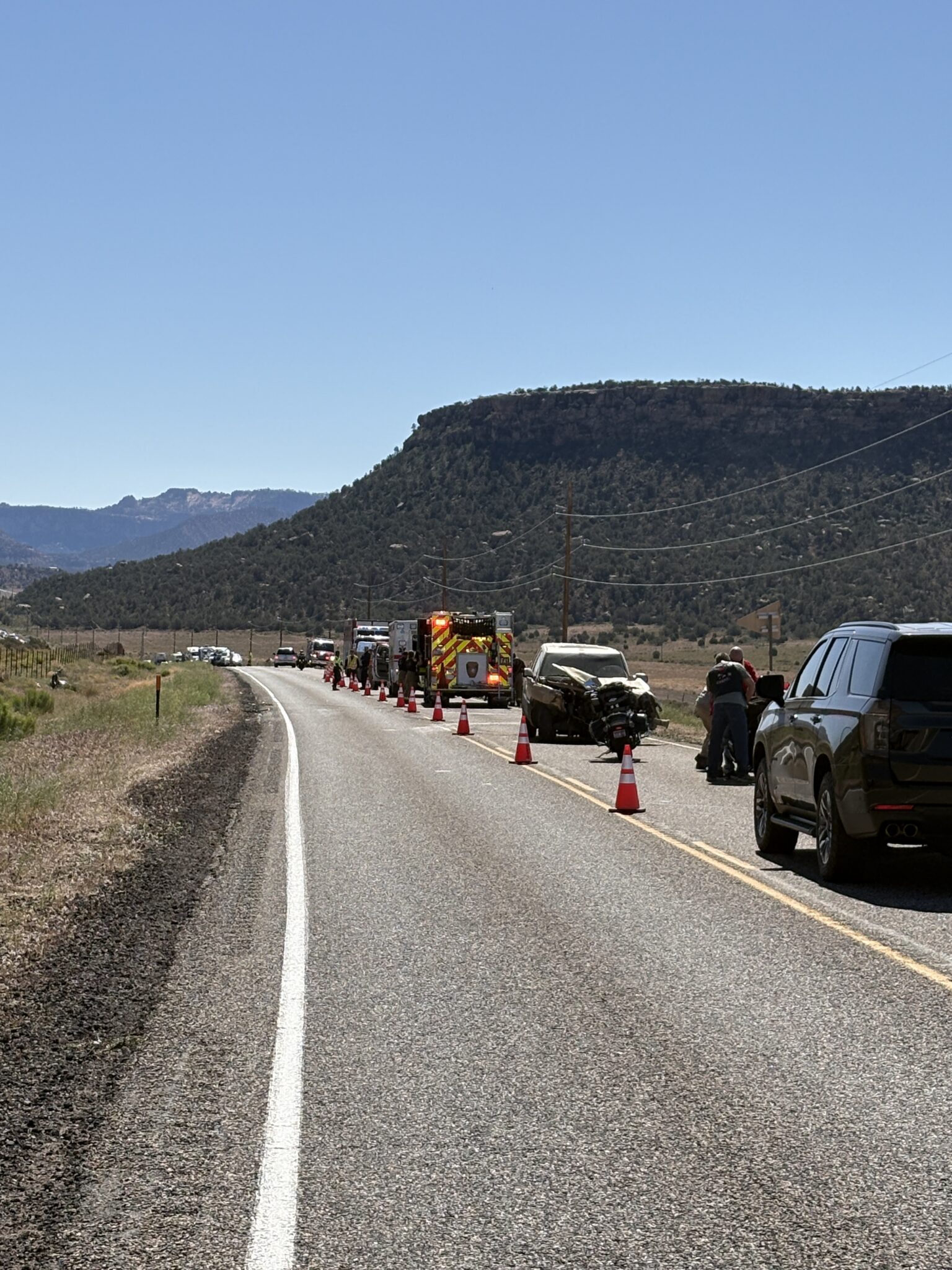 One person is dead and another is in critical condition Friday after a crash involving three vehicles and a motorcycle on state Route 59 southeast of Hurricane.