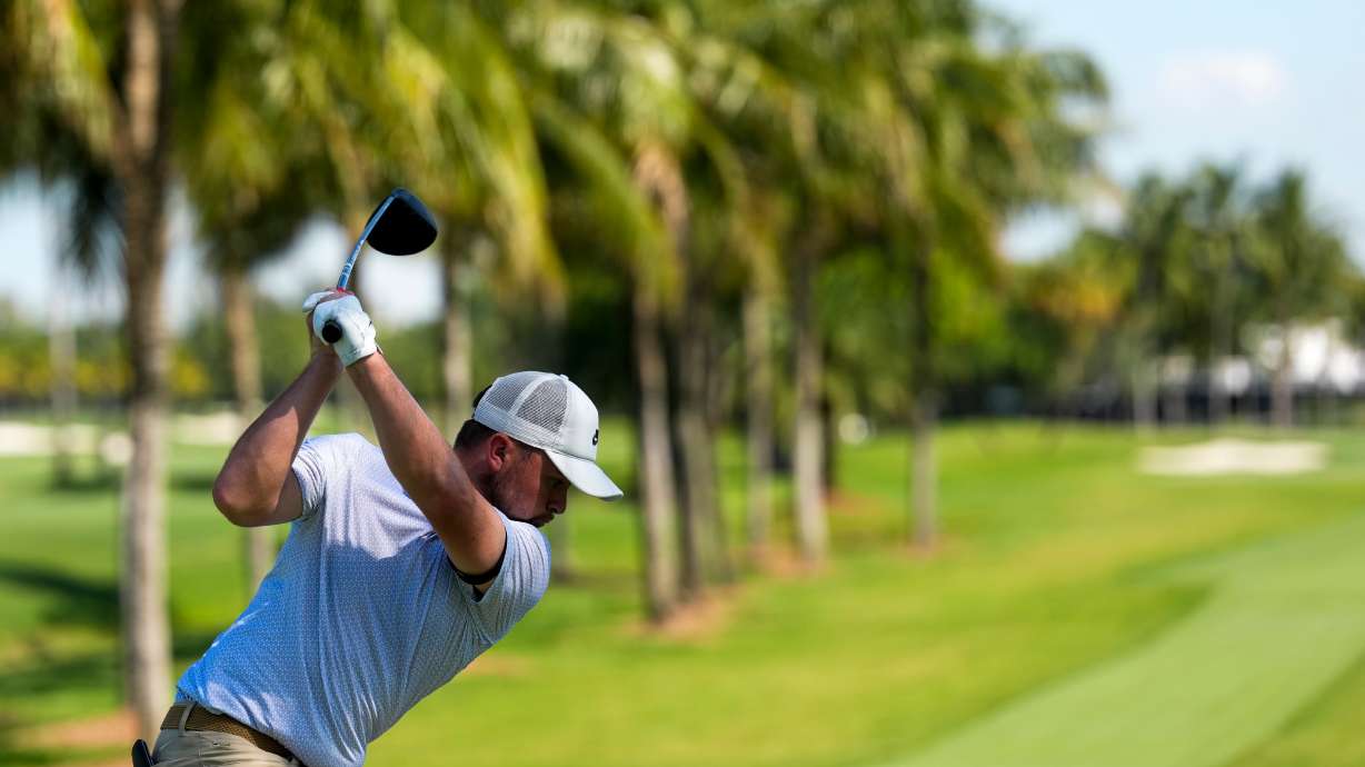 Alex Fitzpatrick, of England, hits from the seance tee during the second round of the Cadillac Championship PGA golf tournament Friday, May 1, 2026, in Doral, Fla.