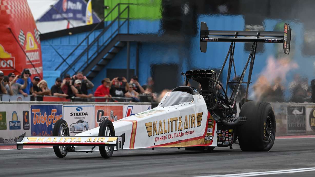 In this photo provided by the NHRA, Top Fuel's Shawn Langdon sets a new NHRA speed record Friday, May 1, 2026, at the NHRA Southern Nationals drag races at South Georgia Motorsports Park in Adel, Ga.