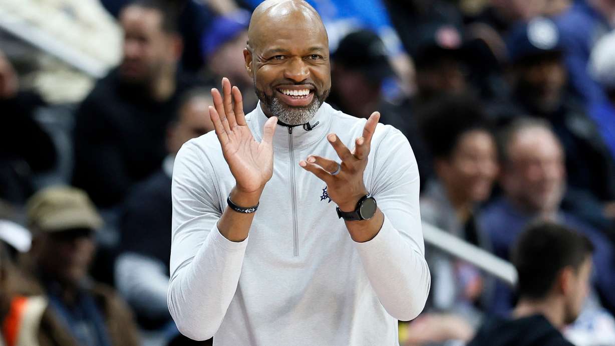 Orlando Magic head coach Jamahl Mosley cheers on his team during the first half in Game 5 of a first-round NBA basketball playoffs series against the Detroit Pistons Wednesday, April 29, 2026, in Detroit.