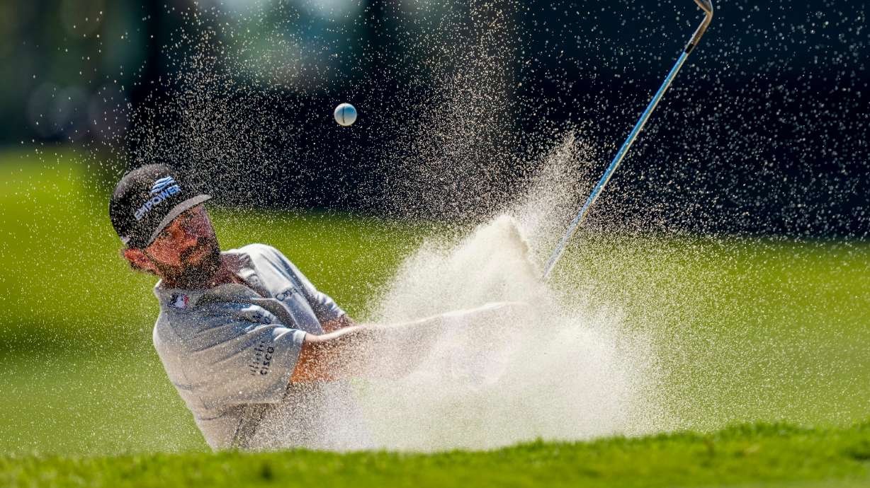 Cameron Young hits from the bunker on the eighth green during the second round of the Cadillac Championship PGA golf tournament Friday, May 1, 2026, in Doral, Fla.
