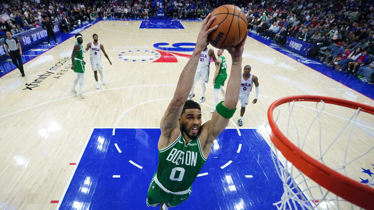 Boston Celtics' Jayson Tatum goes up for a dunk during the second half of Game 6 in a first-round NBA basketball playoff series against the Philadelphia 76ers Thursday, April 30, 2026, in Philadelphia.