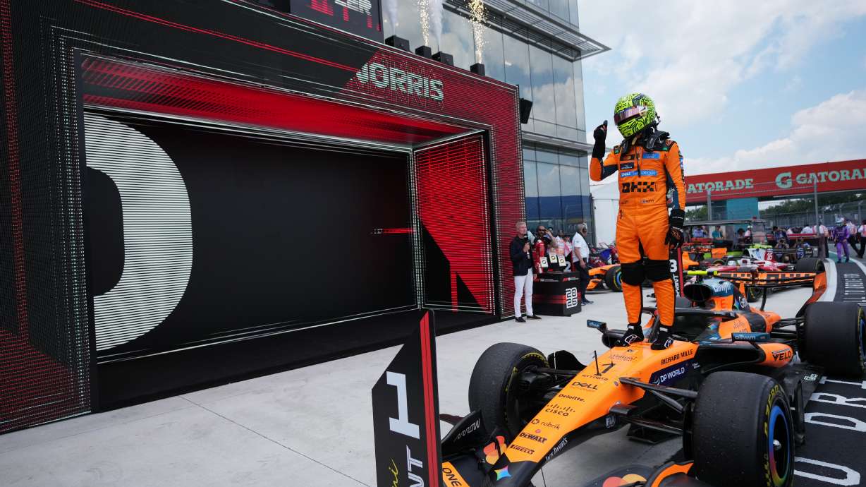 McLaren driver Lando Norris of Britain reacts after winning a sprint auto race at the Miami Formula One Grand Prix, Saturday, May 2, 2026, in Miami Gardens, Fla.