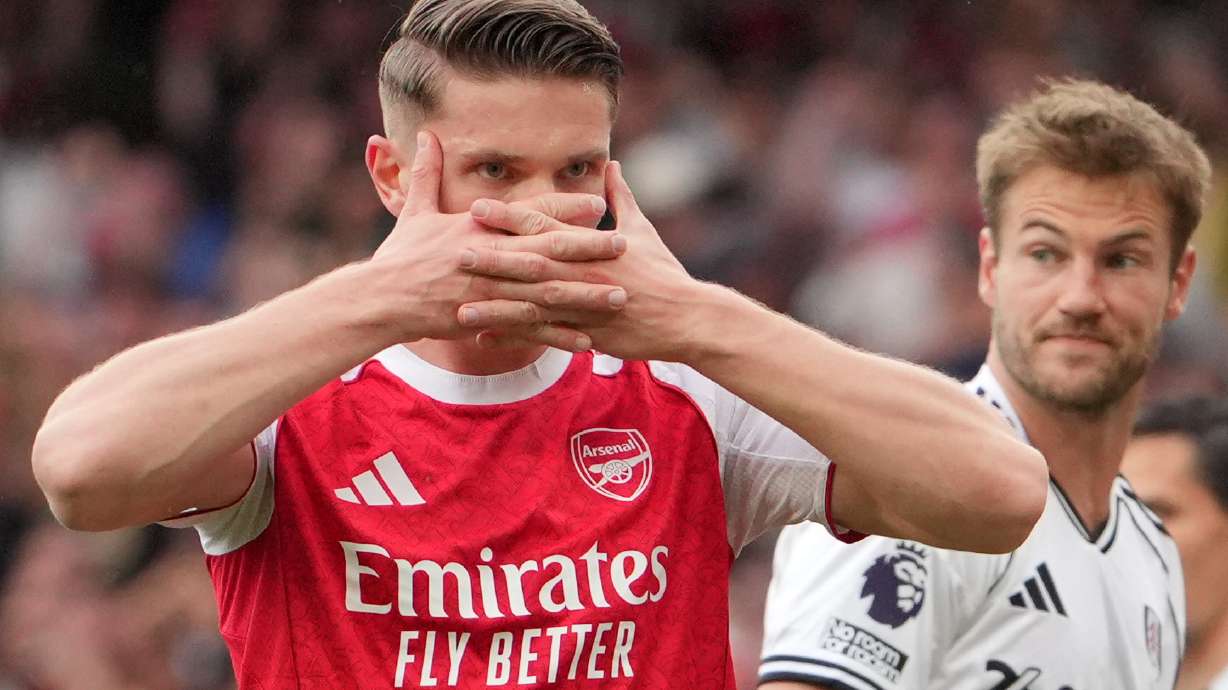 Arsenal's Viktor Gyoekeres celebrates after scoring his side's opening goal during the English Premier League soccer match between Arsenal and Fulham in London, England, Saturday, May 2, 2026.