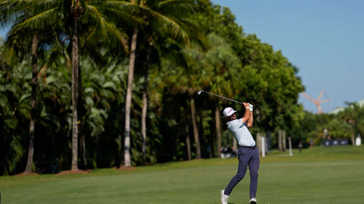 Cameron Young hits from the 14th fairway during the third round of the Cadillac Championship PGA golf tournament Saturday, May 2, 2026, in Doral, Fla.