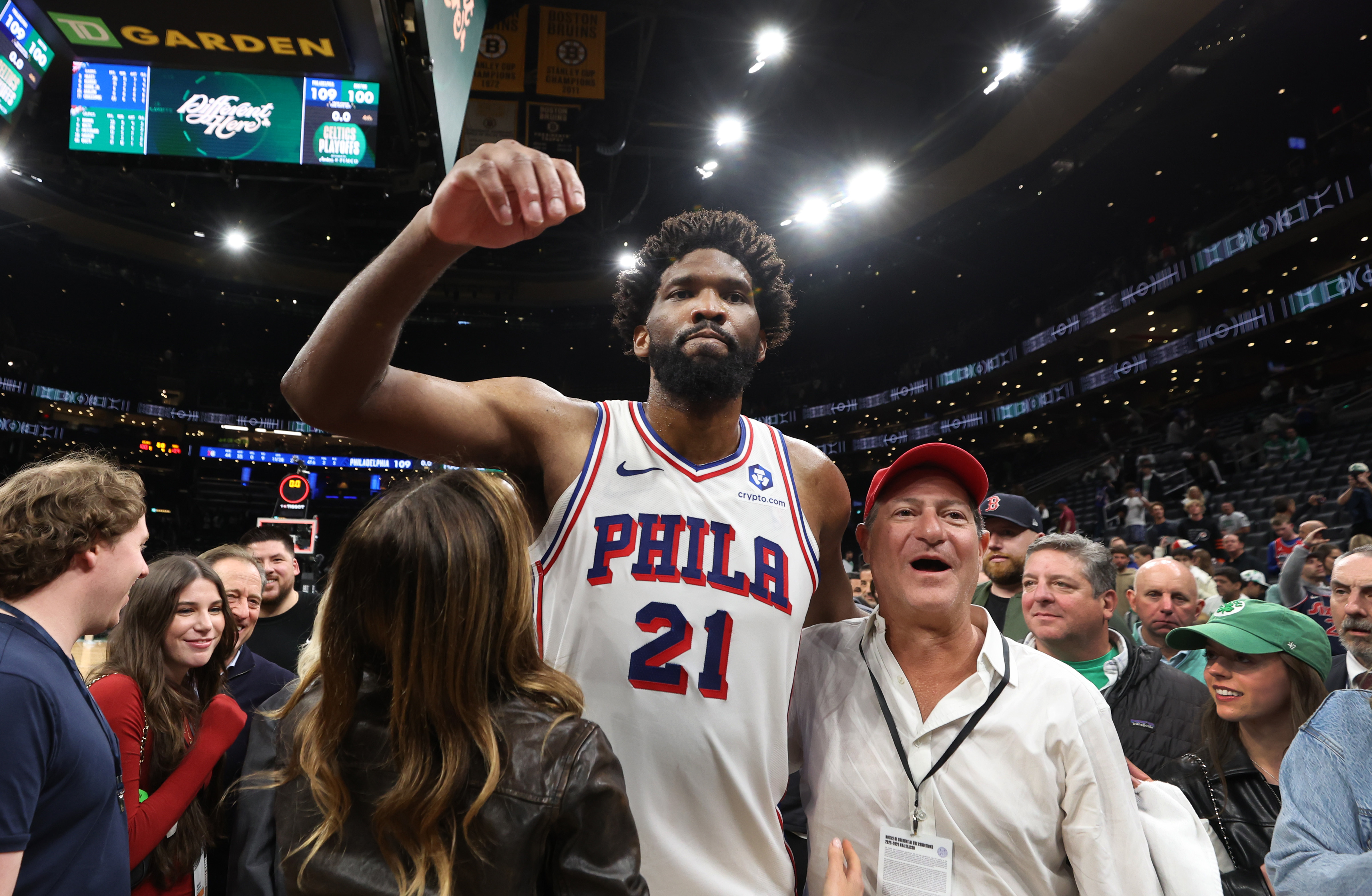 Philadelphia 76ers' Joel Embiid celebrates following his team's victory over the Boston Celtics after the Game 7 in a first-round NBA basketball playoffs series, Saturday, May 2, 2026 in Boston. 