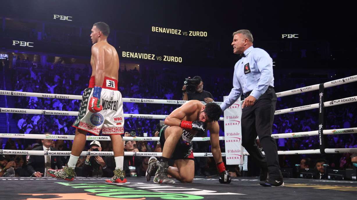 David Benavidez reacts after knocking down Gilberto Ramirez in a cruiserweight championship boxing match Saturday, May 2, 2026, in Las Vegas.