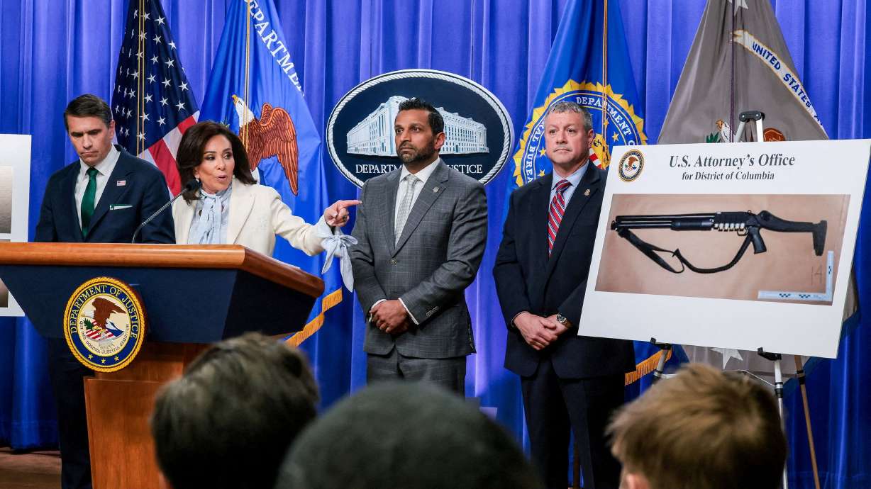 U.S. Attorney for the District of Columbia Jeanine Pirro points at a picture of a shotgun carried by Cole Tomas Allen, the suspect in the shooting incident in Washington at the annual White House Correspondents' Association dinner.