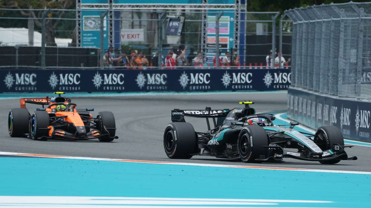 Mercedes driver Kimi Antonelli, right, of Italy and McLaren driver Lando Norris of Britain steer their cars during the Miami Formula One Grand Prix auto race, Sunday, May 3, 2026, in Miami Gardens, Fla.