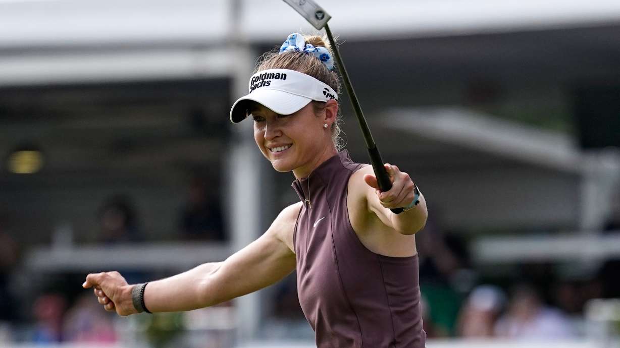 Nelly Korda celebrates after winning the Chevron Championship LPGA golf tournament Sunday, April 26, 2026, in Houston.