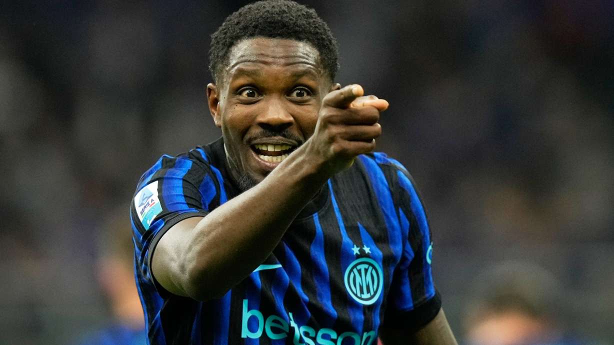 Inter Milan's Marcus Thuram celebrates after scoring his side's opening goal during a Serie A soccer match between Inter Milan and Parma, in Milan, Italy, Sunday, May 3, 2026.