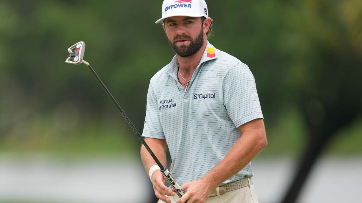 Cameron Young reacts to missing a putt on the sixth hole during the final round of the Cadillac Championship PGA golf tournament Sunday, May 3, 2026, in Doral, Fla.
