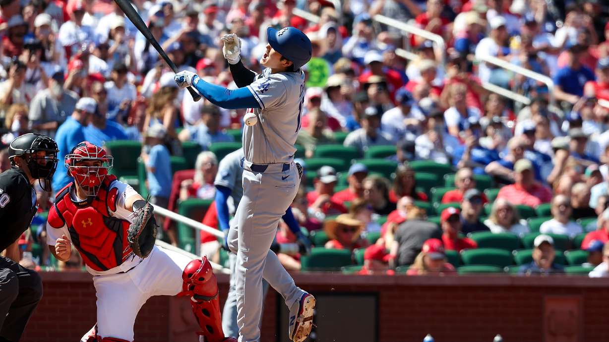 Los Angeles Dodgers' Shohei Ohtani is hit by during the seventh inning of a baseball game against the St. Louis Cardinals, Sunday, May 3, 2026, in St. Louis.