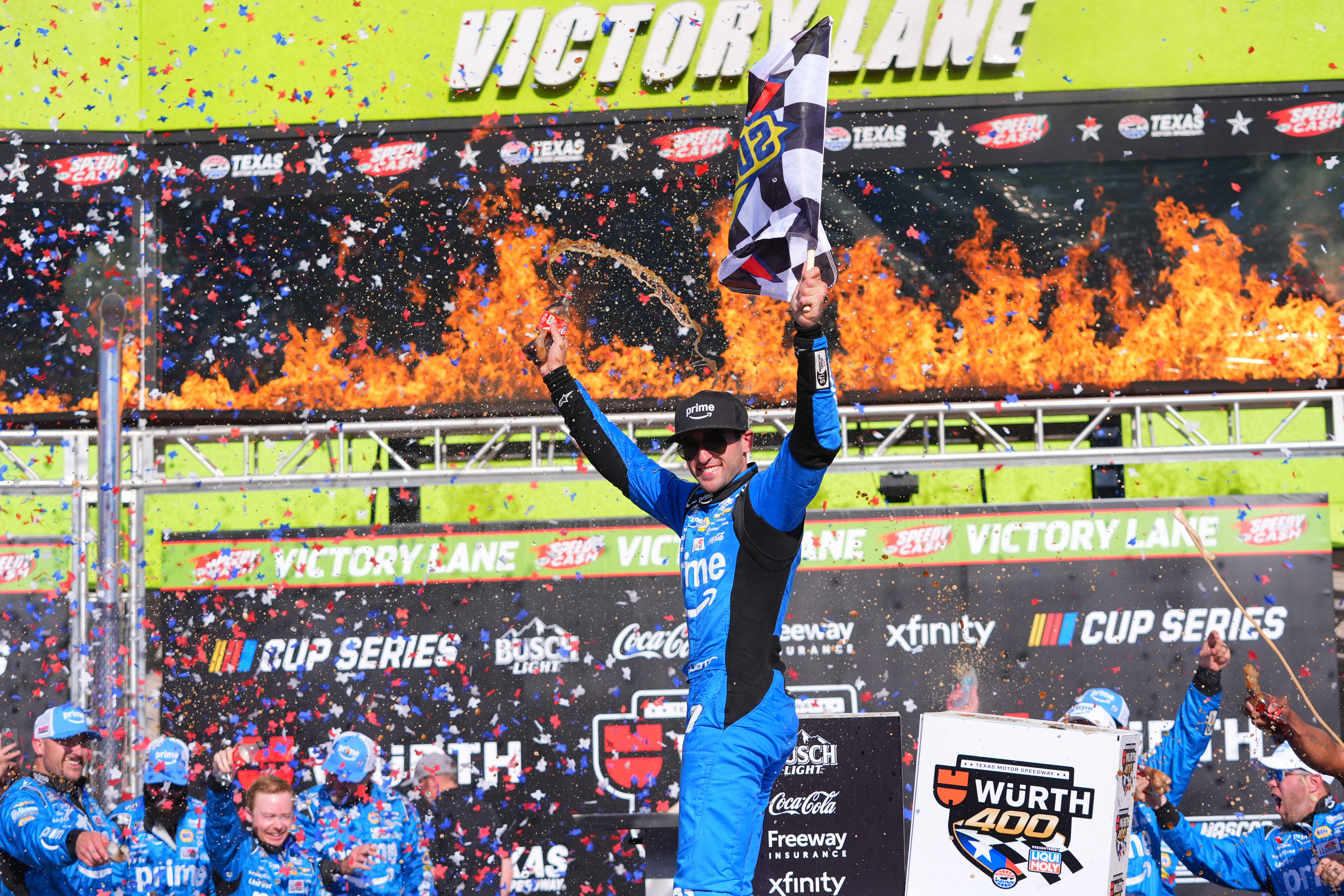 Chase Elliott celebrates after winning a NASCAR Cup Series auto race in Fort Worth, Texas, Sunday, May 3, 2026. 