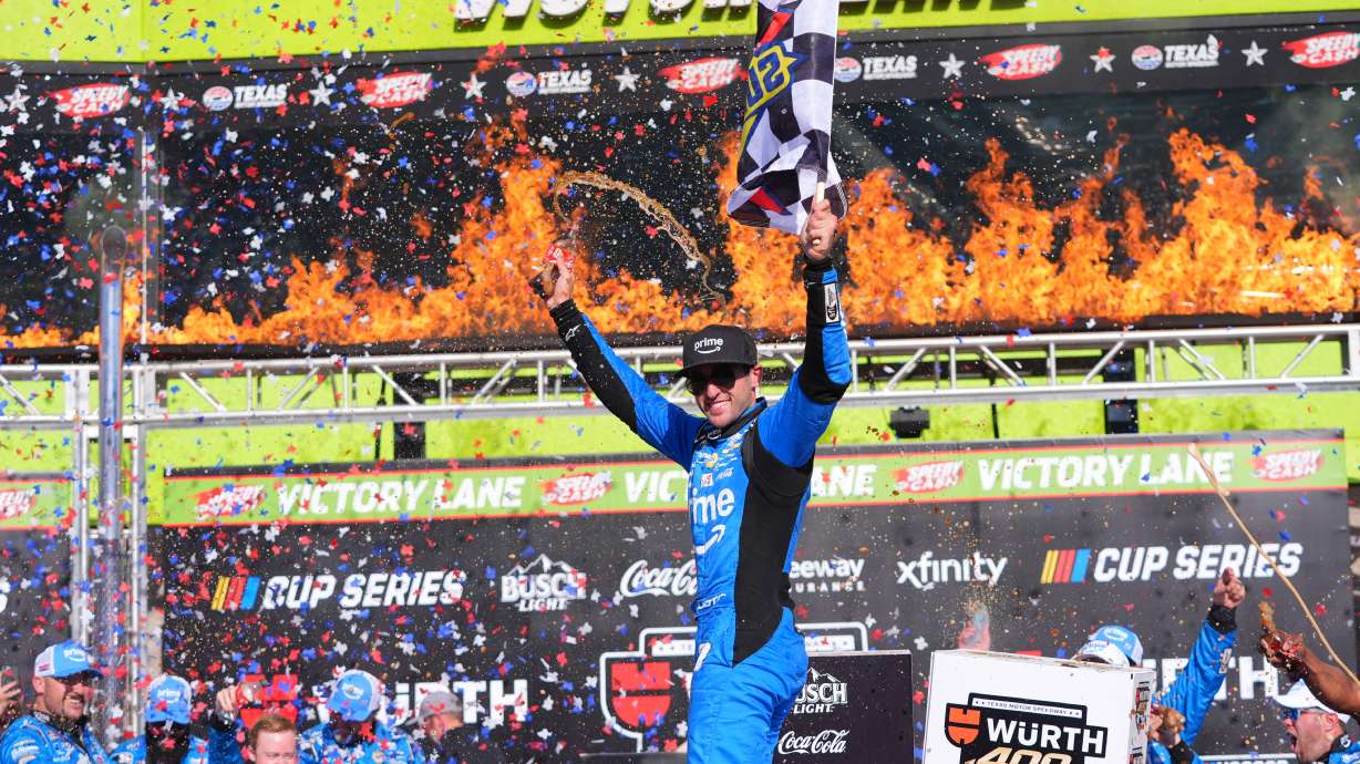 Chase Elliott celebrates after winning a NASCAR Cup Series auto race in Fort Worth, Texas, Sunday, May 3, 2026.