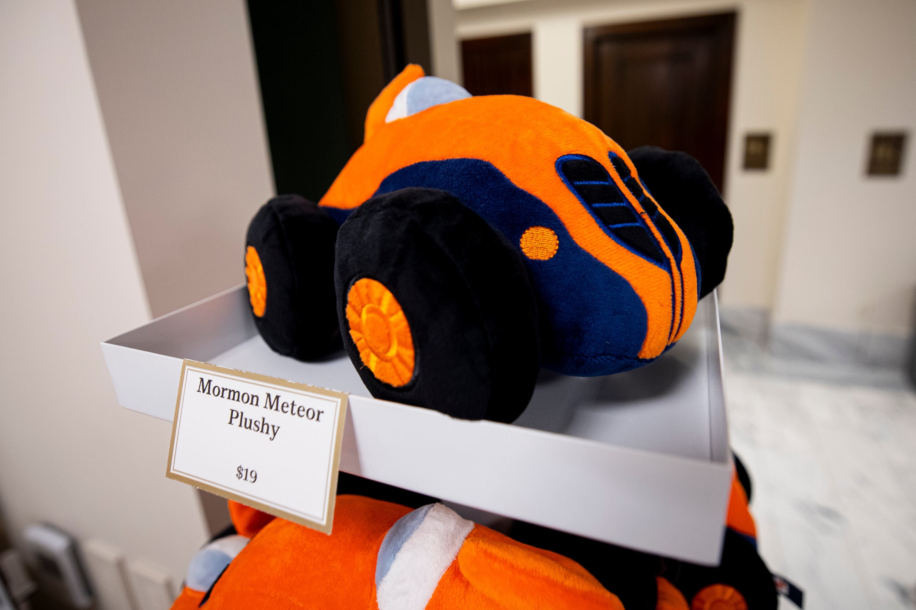 A “Mormon Meteor” plushy is displayed in the Museum of Utah store at the North Capitol Building in Salt Lake City on April 13. The 1930s land speed record-breaking car, Mormon Meteor III, will be featured in one of the exhibits in the museum when it opens in June.